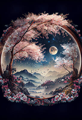 Landscapes Digital Art - landscape  under  the  moon  a  Cherry  blossoms  roun  by Asar Studios by Celestial Images