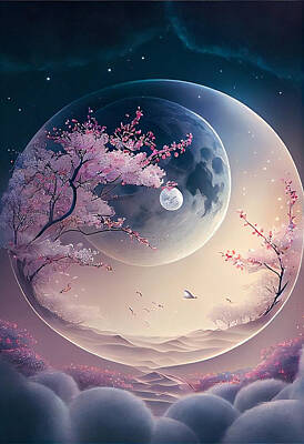 Landscapes Royalty-Free and Rights-Managed Images - landscape  under  the  moon  a  plum  blossom  vertica  by Asar Studios by Celestial Images