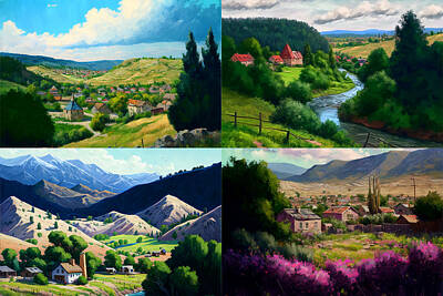 Landscapes Royalty-Free and Rights-Managed Images - landscape  valley  village  beautiful  day  oil  pain  by Asar Studios by Celestial Images