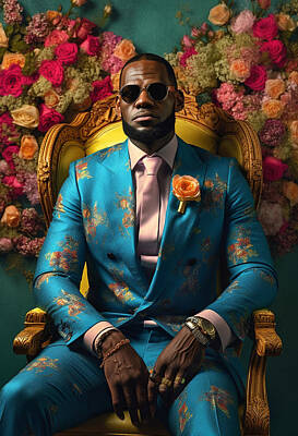 Athletes Royalty-Free and Rights-Managed Images - LeBron  James  the  man  is  dressed  in  a  short  blue  by Asar Studios by Celestial Images