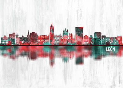 Cities Mixed Media Royalty Free Images - Leon Spain Skyline Royalty-Free Image by NextWay Art