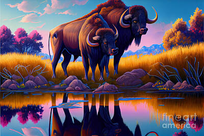 Surrealism Digital Art Rights Managed Images - Majestic  buffalos  in  stunning  landscape  cinemat  by Asar Studios Royalty-Free Image by Celestial Images