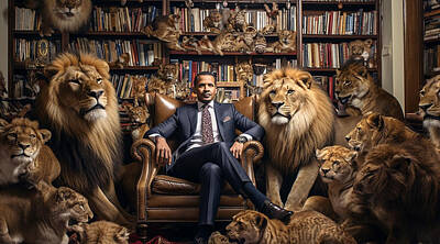 Politicians Paintings - maximalist  Barack  Obama  Lions    Sony  by Asar Studios by Celestial Images