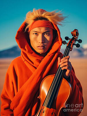 Musician Paintings - Musician  Youth  from  Tsaatan  Tribe  Mongolia  by Asar Studios by Celestial Images