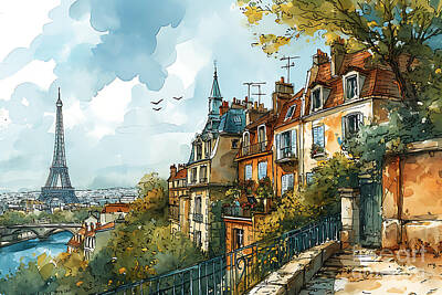 Paris Skyline Paintings - Paris skyline cityscape children storybook by Asar Studios by Celestial Images