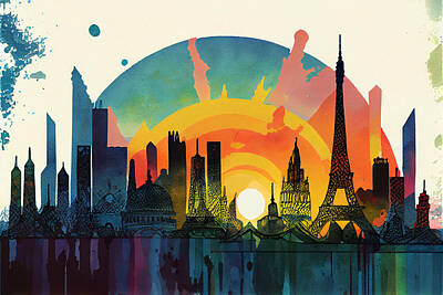 Paris Skyline Royalty-Free and Rights-Managed Images - Paris  Skyline  watercolor  in  the  style  of  Scott  by Asar Studios by Celestial Images
