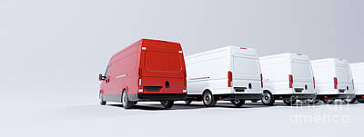 Transportation Royalty-Free and Rights-Managed Images - Red commercial van and fleet of white trucks. Transport. Transport and shipping by Michal Bednarek