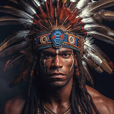 Surrealism Royalty-Free and Rights-Managed Images - royal  afro  indigenous  male  war  bonnet  facial  by Asar Studios by Celestial Images