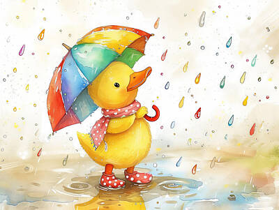 Birds Drawings Royalty Free Images - Rubber Duckie in colorful spring rain shower Royalty-Free Image by Karen Foley