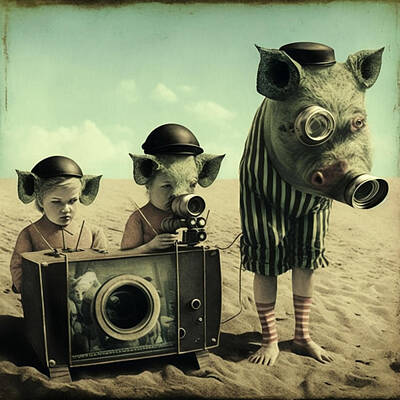 Surrealism Digital Art Rights Managed Images - Silent  film  colorized  surreal  life  cute  pig  peo  by Asar Studios Royalty-Free Image by Celestial Images