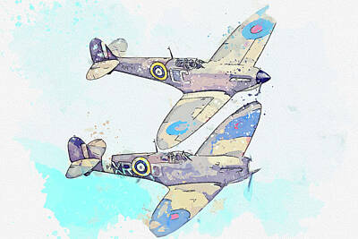 Transportation Paintings - Supermarine Spitfire Mkin watercolor ca by Ahmet Asar  by Celestial Images