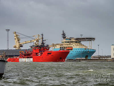Autumn Harvest - Supply ships for oil and wind power in Esbjerg flooded harbor, D by Frank Bach