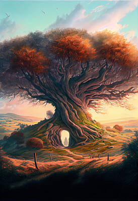 Surrealism Digital Art - Surreal  giant  tree  on  top  of  a  hill  detailed  pa  by Asar Studios by Celestial Images