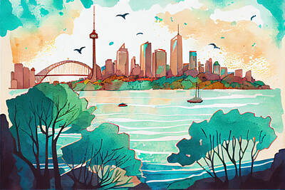 Cities Digital Art - Sydney  Skyline  watercolor  in  the  style  of  Scott  by Asar Studios by Celestial Images