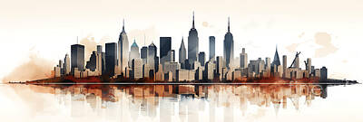 Skylines Paintings - the silhouette of New York city skyline by Asar Studios by Celestial Images