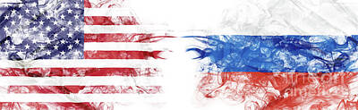 Global Design Shibori Inspired - United States and Russia crisis with smoky flags by Benny Marty