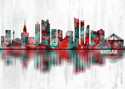 City Scenes Mixed Media - Warsaw Poland Skyline by NextWay Art