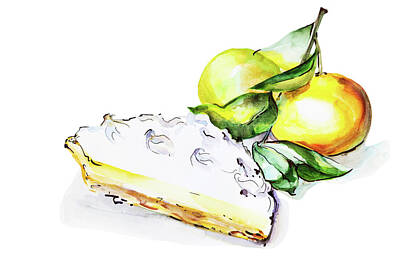 Food And Beverage Drawings - Watercolor Illustration Of Slice Slice Of Orange Or Apricot Pie, Piece Of Cake With Fruits, Isolated On White Background by Maria Kray