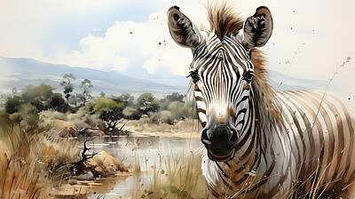 Surrealism Paintings - Zebra in Serengeti light natural tones color by Asar Studios by Asar Studios