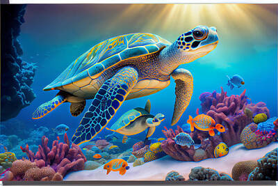 Reptiles Royalty-Free and Rights-Managed Images - Blue  Ocean  Sea  Turtle  and  baby  turtle  tortoise by Asar Studios by Celestial Images
