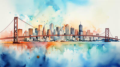 Skylines Mixed Media - San Fransisco Skyline Watercolour #21 by Stephen Smith Galleries