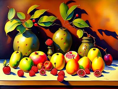 Wine Digital Art - Still Life with Fruits, Generative AI Illustration by Miroslav Nemecek