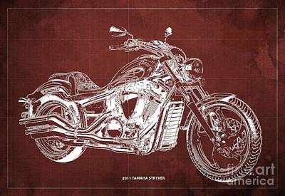 Watercolor City Skylines - 2011 Yamaha Stryker Blueprint,Original Artwork,Red Background,Gift for Bikers by Drawspots Illustrations