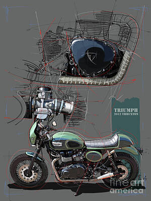 Kitchen Collection - 2012 Triumph Thruxton Original Arwork. Motorcycle drawing plus two details. Motorcycle poster by Drawspots Illustrations