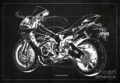 Zen Rocks - 2019 Yamaha YZF-R1 blueprint. Dark Grey background by Drawspots Illustrations
