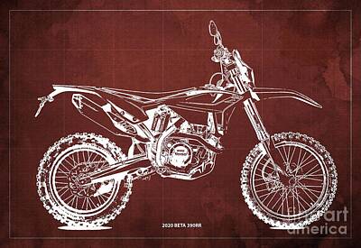 Watercolor City Skylines - 2020 BETA 390RR AZ Blueprint,Red Background,Gift for Bikers by Drawspots Illustrations