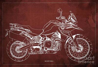 The Beatles - 2020 BMW F850GS Blueprint,Red Vintage Background,Gift Ideas for Bikers by Drawspots Illustrations