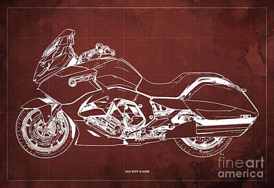 Drawings Rights Managed Images - 2020 BMW K1600B Blueprint,Red Background,Home Office Decoration Royalty-Free Image by Drawspots Illustrations