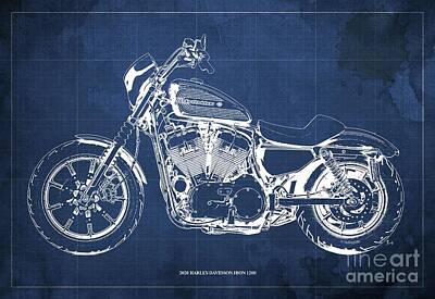 Guns Arms And Weapons - 2020 Harley-Davidson Iron 1200 Blueprint Blue Background by Drawspots Illustrations