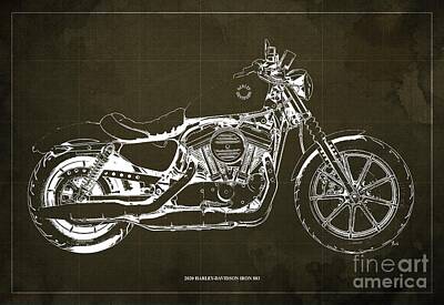 Cities Drawings - 2020 Harley-Davidson Iron 883 Blueprint Brown Background by Drawspots Illustrations
