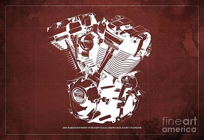 Birds Drawings - 2020 Harley Davidson Screamin Eagle Milwaukee-Eight 131 Engine Blueprint Red Background by Drawspots Illustrations