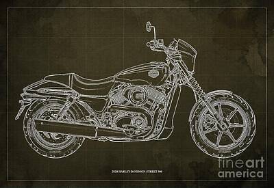Cities Drawings - 2020 Harley Davidson Street 500 Blueprint Brown Background by Drawspots Illustrations