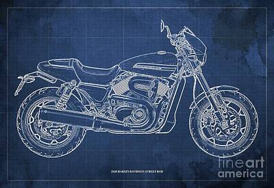 Cities Drawings - 2020 Harley Davidson Street Rod Blueprint Blue Background by Drawspots Illustrations