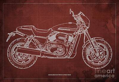 Cities Drawings - 2020 Harley Davidson Street Rod Blueprint Red Background by Drawspots Illustrations