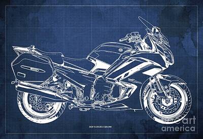 Transportation Drawings - 2020 Yamaha FJR1300 Blueprint. Blue Background.Original Gifts for Bikers by Drawspots Illustrations