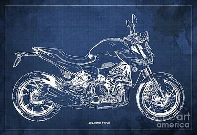 Us License Plate Maps - 2022 BMW F900R Blueprint,Vintage Blue Background,Gift for Bikers by Drawspots Illustrations