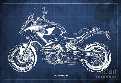Longhorn Paintings Rights Managed Images - 2022 BMW F900XR Blueprint,Vintage Blue Background,Original Gift for Bikers Royalty-Free Image by Drawspots Illustrations