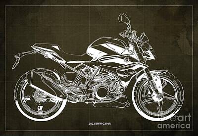 Botanical Farmhouse - 2022 BMW G310R Blueprint,Brown Background,Gift for Bikers by Drawspots Illustrations