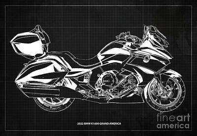 Hollywood Style - 2022 BMW K1600 Grand America Blueprint,Vintage Dark Grey Background,Gift for Bikers by Drawspots Illustrations