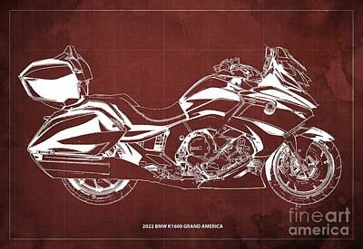 Hollywood Style - 2022 BMW K1600 Grand America Blueprint,Vintage Red Background,Gift for Bikers by Drawspots Illustrations