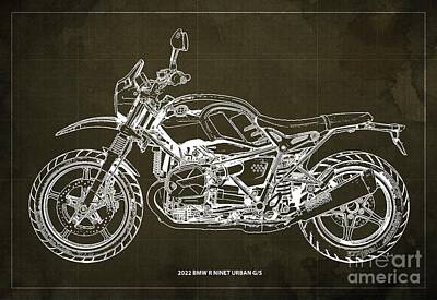Animals And Earth Rights Managed Images - 2022 BMW R nineT Urban GS Blueprint,Brown Background,Gift for Bikers Royalty-Free Image by Drawspots Illustrations