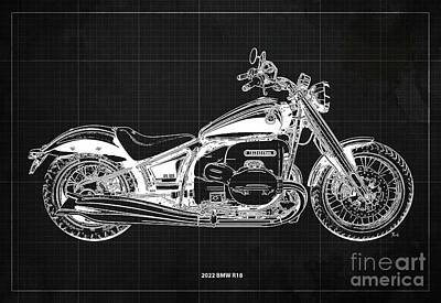 Hollywood Style - 2022 BMW R18 Blueprint,Vintage Dark Grey Background,Gift for Bikers by Drawspots Illustrations