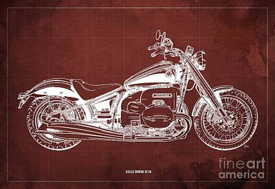 Graphic Tees - 2022 BMW R18 Blueprint,Vintage Red Background,Gift for Bikers by Drawspots Illustrations
