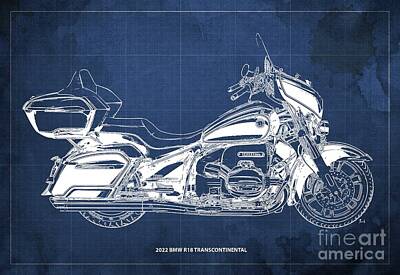 Maps Maps And More Maps - 2022 BMW R18 Transcontinental Blueprint,Blue Background,Gift for Bikers by Drawspots Illustrations