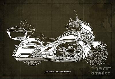 Pattern Tees - 2022 BMW R18 Transcontinental Blueprint,Brown Background,Gift for Bikers by Drawspots Illustrations