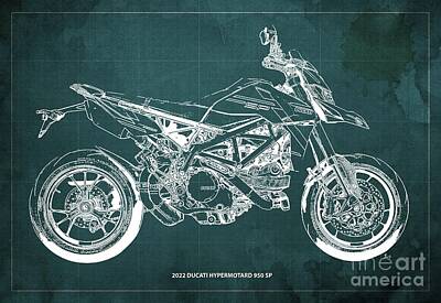 Whimsical Animal Illustrations - 2022 Ducati Hypermotard 950 SP Blueprint,Green Background by Drawspots Illustrations